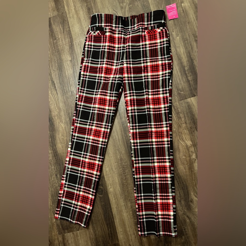 NWT Kim Rogers slip on plaid red black gold tummy control pants Womens 10-skinny